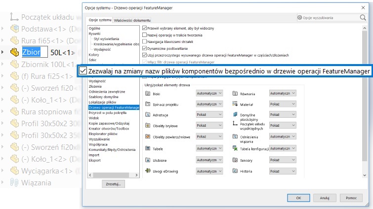 Zezwalaj na zmiany nazw plików komponentów bezpośrednio w drzewie operacji FeatureManager