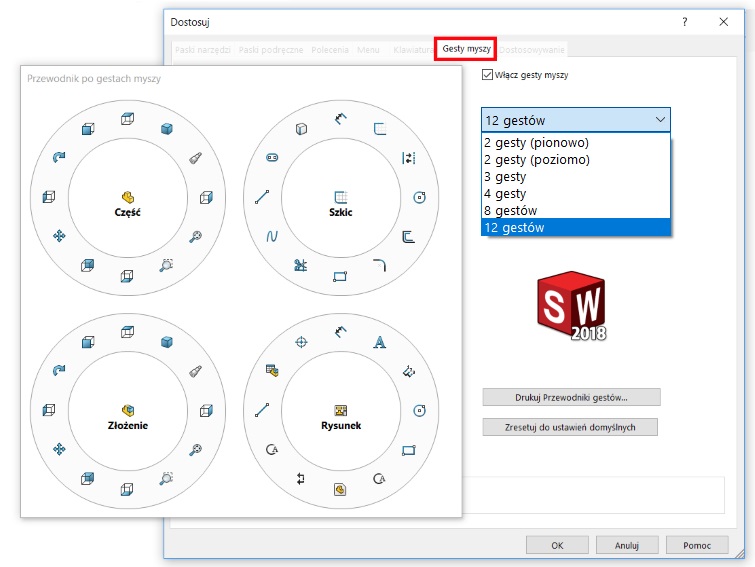 Gesty myszy SOLIDWORKS